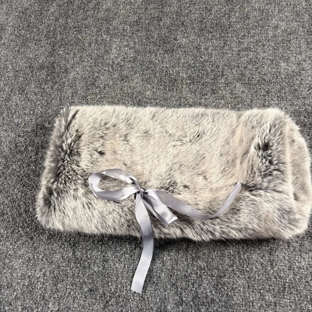 Gray Faux Fur Wine Bottle Gift Bag Satin Ribbon Tie Holiday Bottle Cover Luxe
